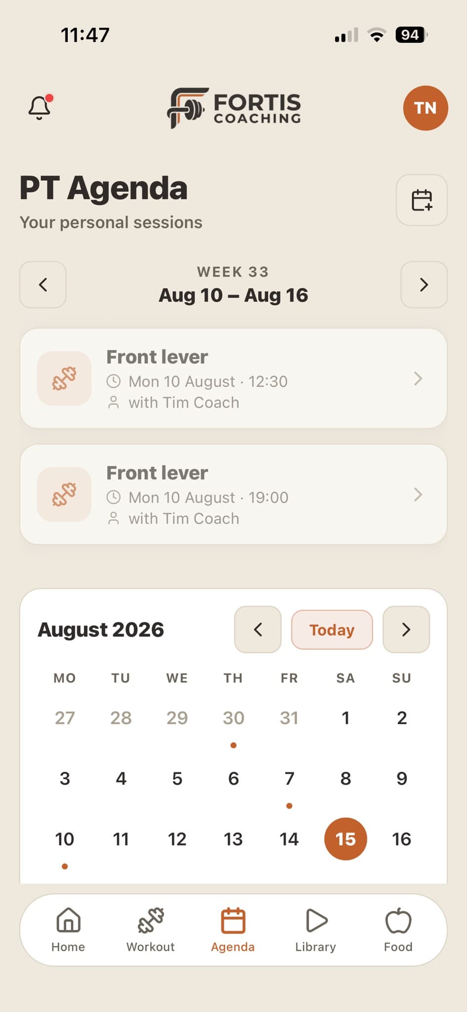 De PT-agenda: de persoonlijke sessies van deze week met dag en tijd, en daaronder een maandkalender met de dagen waarop iets gepland staat.
