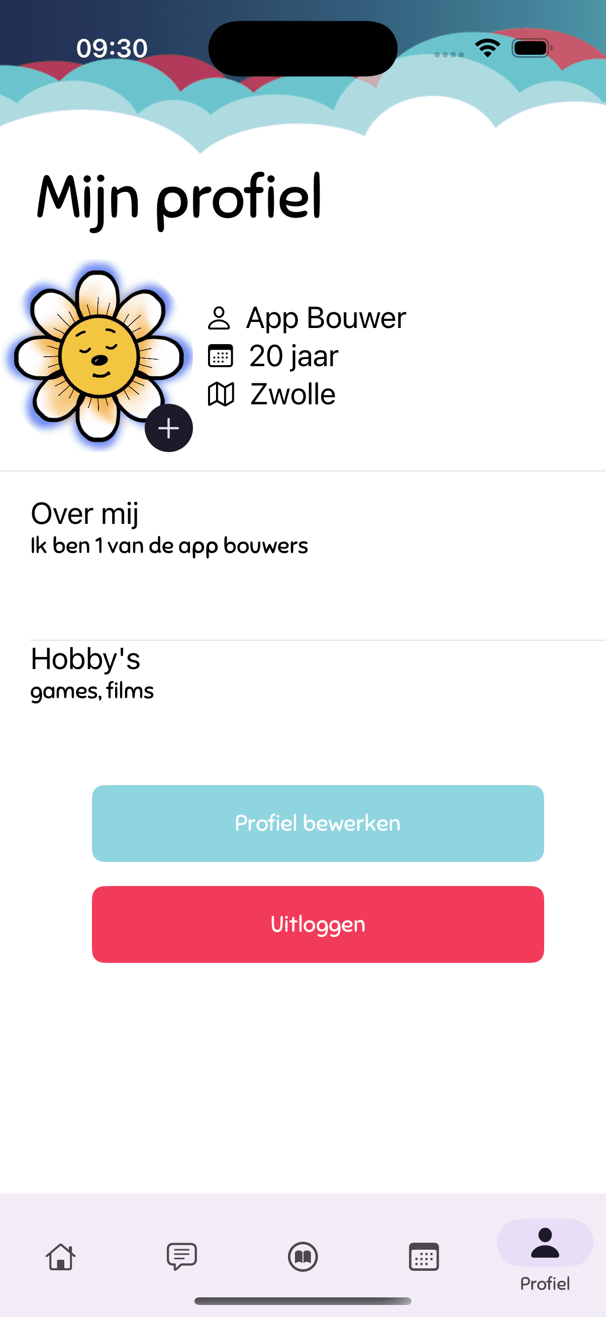 Het profielscherm van de app, waar iemand zijn eigen gegevens ziet en kan aanpassen.